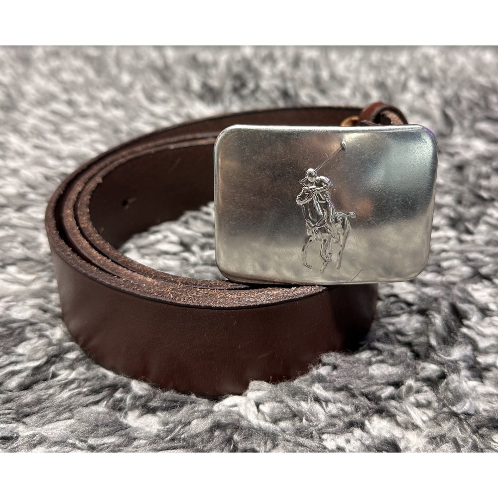Polo Ralph Lauren Belt Mens 38 Brown Big Pony Plaque Buckle Calf Leather
